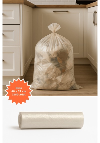 Şeffaf Rulo Çöp Poşeti 40x74cm 3x80 Adet Ev Mutfak İş Ofis Avantajlı Paket