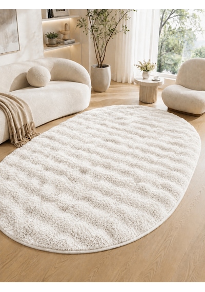 Oval Bubble Ultra Soft Puffy Kaymaz Taban Peluş Tavşan Tüyü Halı Beyaz