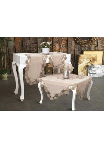Kapiçino Flowers Model 5 Parça Keten Dantelli Runner Seti Salon Takımı Karışık
