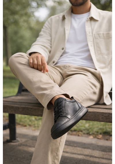 Muggo Leons Hakiki Deri Erkek Kalın Taban Bağcıklı Günlük Casual Sneaker Siyah