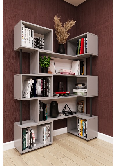 Asra Trend Modern Ayarlanabilir Raflı Ev Ofis Kitaplık %100 Mdf Dekoratif Kütüphane Kitaplık Dk02 Kül Gri