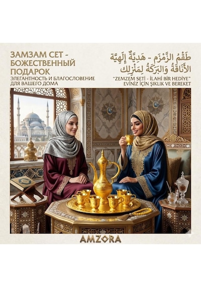 Umre Hatırası Altın Gold Zemzem Suyu Seti 6 Kişilik Varak Görünümlü İbrik Ve Tepsili Lüks Sunum Seti Çok renkli