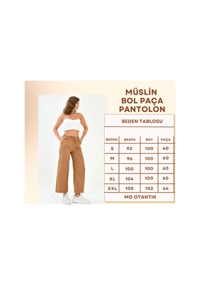 Mg Otantik Kadın %100 Pamuk Yazlık Müslin Salaş Bol Paça Pantolon Mg001 Kahverengi