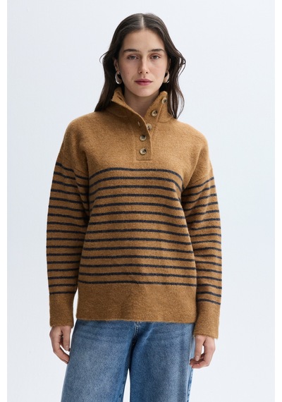 Mudo Kadın Kadın Kahverengi Çizgili Loose Fit Düğmeli Balıkçı Yaka Kazak 1264234 CAMEL