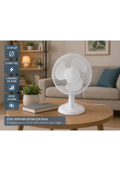 23 Cm Masaüstü Vantilatör 25 Watt 2 Kademeli Hız Ayarlı Sessiz Fan Ev & Ofis Kullanımı