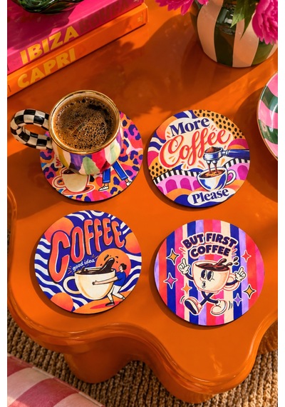 More Coffee Please, Kahve Temalı 4 Lü Bardak Altlığı Set 9 Cm, 3 Mm Ahşap Mdf, Dijital Baskı - 930345164 Diğer