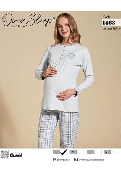 Oversleep Kadın Lohusa Uzun Kollu Pijama Takımı Mavi