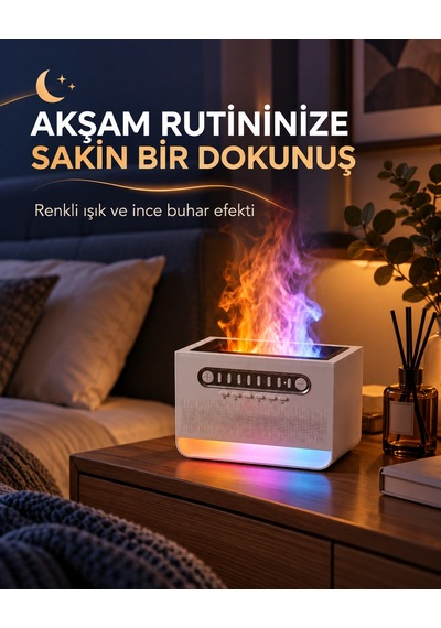 Alev Efektli Aroma Difüzör Beyaz Gürültü Sesli Hoparlörlü 7 Renk Led Işıklı Dekoratif Hava Nemlendirici Buhar Makinesi Ses Seviyesi Ayarlı