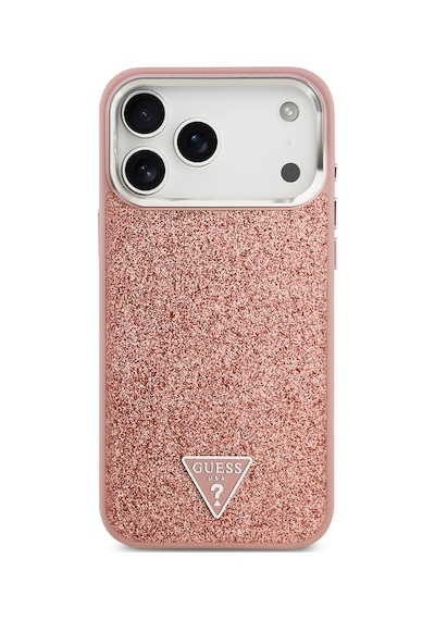Apple Uyumlu iPhone 17 Pro Max Kılıf Guess Lisanslı M-safeli Metal Kamera Çerçeveli Üçgen Logolu Glitter Pembe Pembe