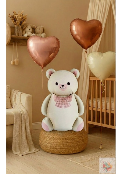 Retro Ayı Ve 3 Retro Krem Karamel Çikolata Kalp Folyo Balon Konsept Krem