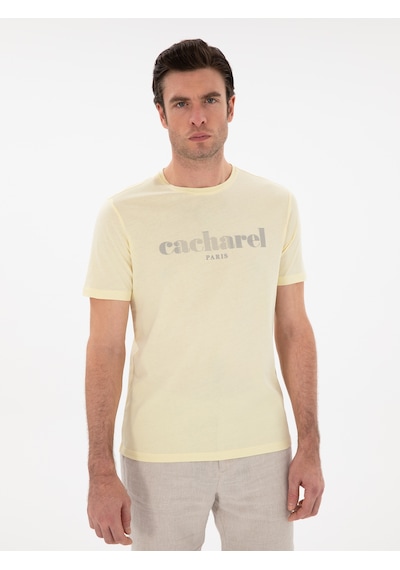 Sarı Regular Fit Bisiklet Yaka Desenli T-shirt Sari
