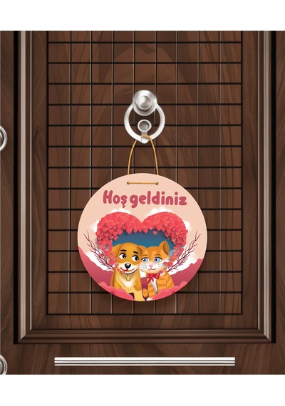 Gül Desenli Kalp Figürlü "evimize Neşe Getirdiniz" Kapı Süsü 22.5 Cm Mdf Halat Askılı Kırmızı