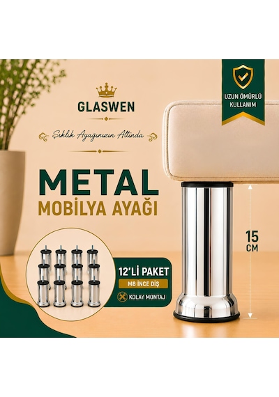 12 Adet Metal Destek Ayağı 15 Cm Krom Mobilya Kanepe Baza Koltuk Ünite Ayakları Metrik 8 Civatalı İnce Diş