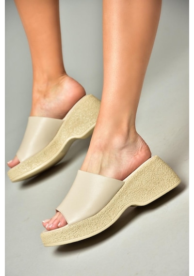 Fox Shoes S996741209 Bej Kalın Tabanlı Kadın Terlik Bej