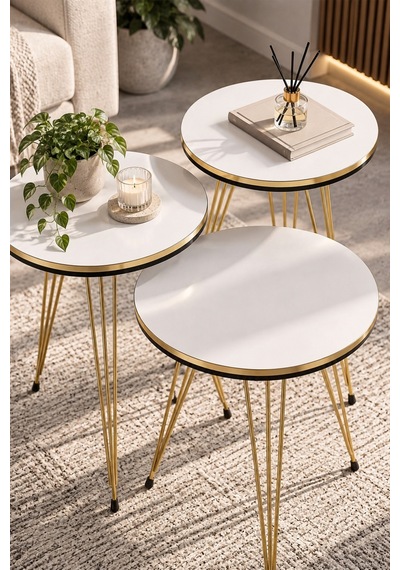 Sulorahome Beyaz Ve Gold Detaylı Üçlü Zigon Sehpa Takımı Beyaz - Altın
