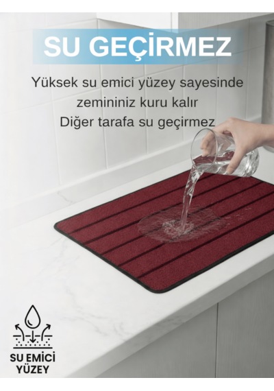 Beylini Şerit Desenli Kapı Önü Paspası Kaymaz Taban Dayanıklı Su Geçirmez Emici Nem Toz Uv Dayanıklı 45x70cm Bordo