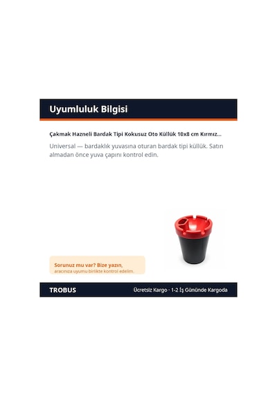 Trobus Çakmak Hazneli Bardak Tipi Kokusuz Oto Küllük 10x8 Cm Kırmızı Siyah