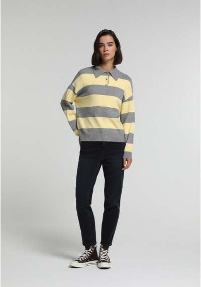 Colin's Colins Regular Fit Polo Yaka Çizgili Kadın Gri Kazak Cl1082506 Q1.v1 Mga Gri Melanj