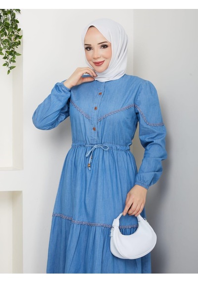 Hb Harma Time Butik Kadın Dantel Detaylı Düğmeli Ve Bağcıklı Açık Kot Mavi Elbise Açık Mavi