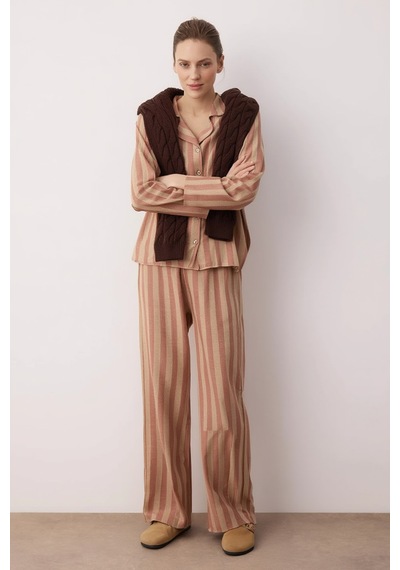 Gül Kurusu-ekru Pamuklu Kalın/kışlık Çizgili Flanel Dokuma Pijama Takımı Çok Renkli
