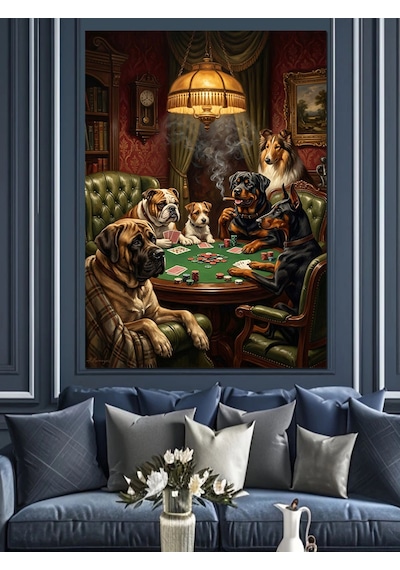 Bilardo Oynayan Köpekler Ve Kedi Dekoratif Kanvas - Mdf Ahşap Tablo