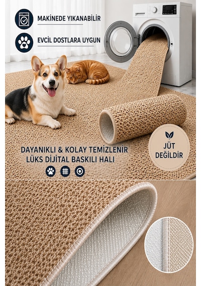Rona Ekru Makinede Yıkanabilir Kaymaz Taban Leke Tutmaz Dijital Yolluk Mutfak Ve Salon Halısı Ekru