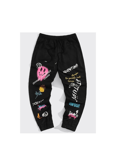 Tarzsokak Expression & Letter Graphic Drawstring Waist Pants Siyah