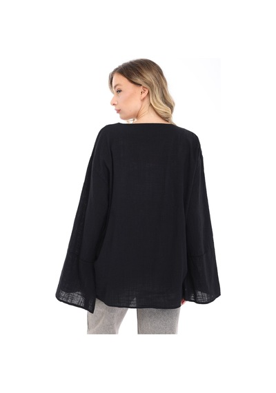 Blayn Jeans Blayn Kadın Keten Kimono Oversize Rahat Kalıp Yazlık Uzun Kollu Kimono Siyah