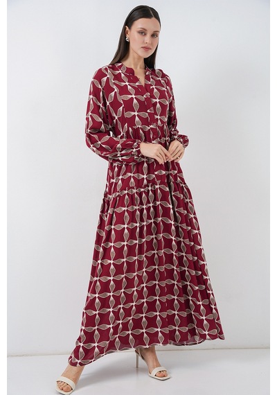 Bigdart Kadın Desenli Uzun Tesettür Elbise 2585 - F.Bordo