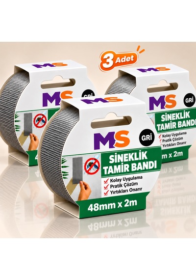 3 Adet Yapışkanlı Gri Sineklik Tamir Bandı 48 Mm X 2 Metre Yaması Tülü Bantı Delik Onarımı Yapıştırma 48 x 48