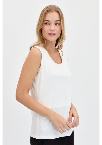 Kadın Sıfır Yaka Flamlı Kumaş Basic Askılı Tshirt Ekru Ekru