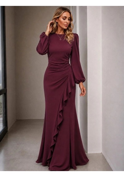Defymoda Kadın Uzun Kollu Bisiklet Yakalı Önden Fırfırlı Uzun Janjan Krep Elbise Bordo