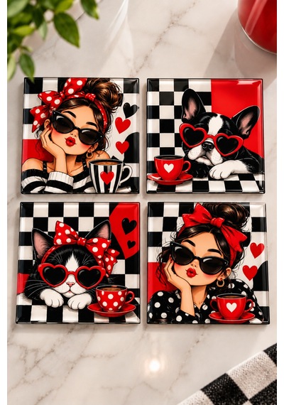 Gökçeoğlu Cam Bardak Altlığı Kırmızı Siyah Beyaz Pop Art Temalı 4'lü Takım 10cm X 10cm Çok Renkli