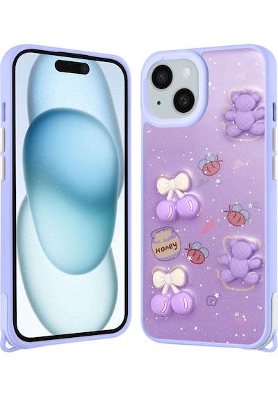 Goocamp Apple iPhone Uyumlu 15 Kılıf Parlayan Simli Kabartma Figürlü Cevze Kapak - Pembe Pembe