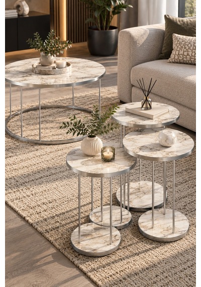 Sulorahome Gümüş Metal Ayaklı Mermer Desenli 4'lü Sehpa Seti Beyaz Mermer - Gümüş