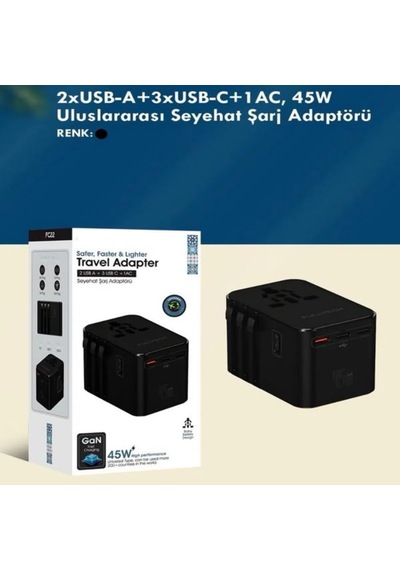 Universal Seyahat Priz Dönüştürücü Adaptör, 45w Şarj Cihazı, 2x Usb Girişi, 3x Type-c Girişi, Uluslararası Güç Adaptörü, Us, Uk, Eu, Au Evrensel Uyum Çok Renkli