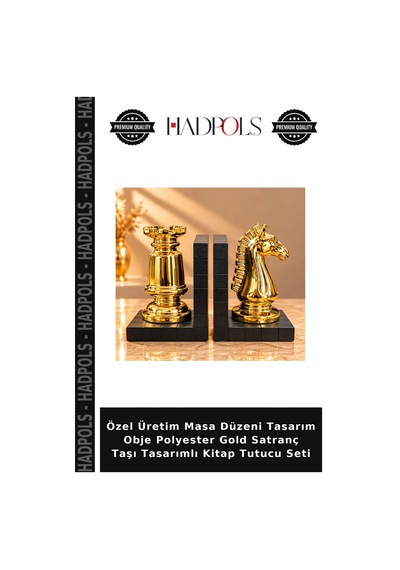 Özel Üretim Masa Düzeni Tasarım Obje Polyester Gold Satranç Taşı Tasarımlı Kitap Tutucu Seti