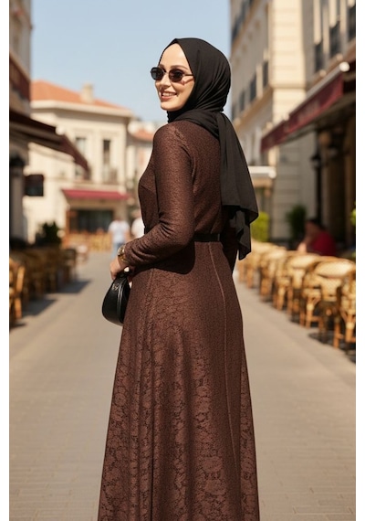 Bestenur Dantel İçi Astarlı Kemerli Elbise 1685 - Kahve Kahve