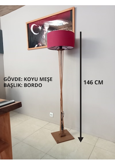 Ahşap Ayaklı Lambader- Köşe Lambası Koyu Meşe Bordo
