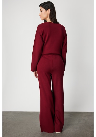 On Kadın Beli Lastikli Bol Paça Triko Pantolon 63321 Bordo Bordo