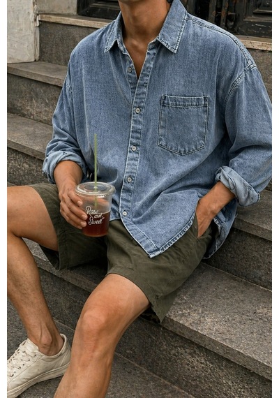 Erkek Oversize Denim Gömlek Yıkamalı Kot Gömlek Tek Cep Rahat Kalıp Mavi
