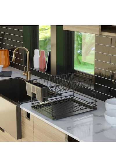 Geseus Home İki Katlı Tabaklık Bulaşıklık Krom Siyah KB005s