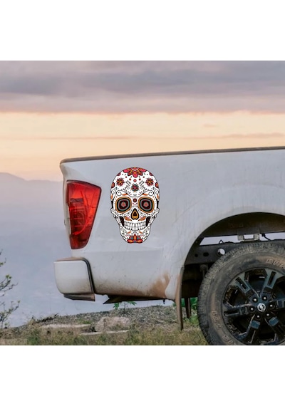Çiçek Desenli Kurukafa Sticker - Araba Oto Araç Motosiklet Karavan Sticker - 00077 10X6 Cm