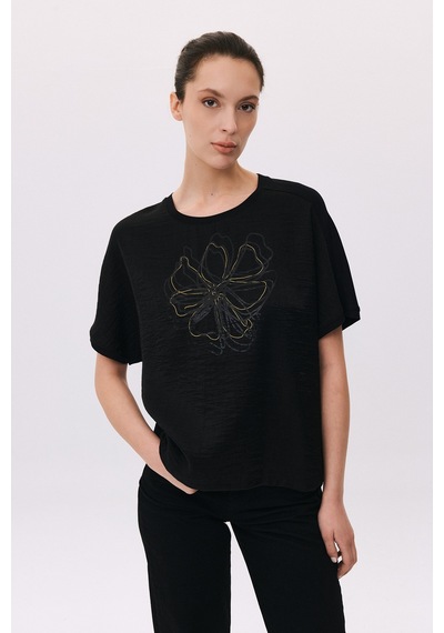 Daido Kadın Yuvarlak Yaka Kısa Kollu Desenli T-shirt 6217 Siyah