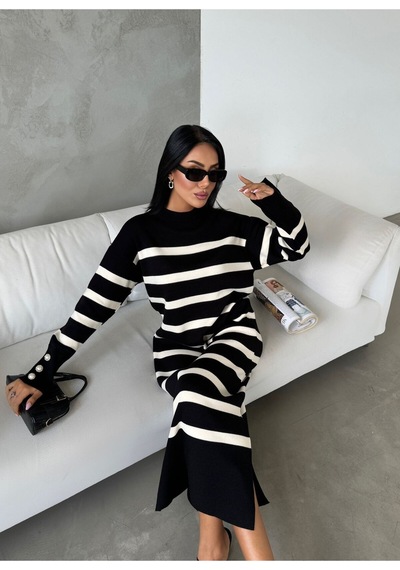 İkrafashion Çizgili Triko Elbise Siyah Siyah