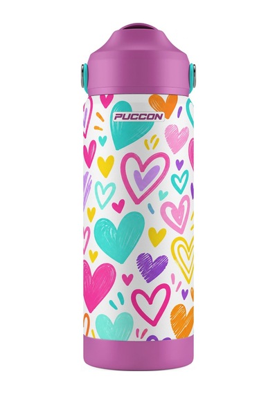 Puccon 540 Ml Renkli Kalpler Desenli Beyaz - Mor Kız Çocuk Pipetli Çelik Termos Matara/suluk - 60063