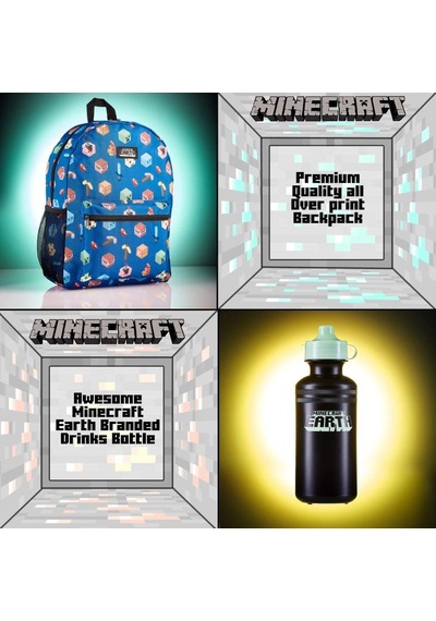 Lisanslı Minecraft 4 Parça Okul Çanta Seti Sırt Çantası, Beslenme Çantası, Kalemlik Ve Su Şişesi Mavi Mavi