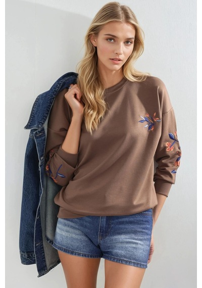 Fiolin Modal Dokulu İşlemeli Bisiklet Yaka Sweatshirt Kahve Rengi