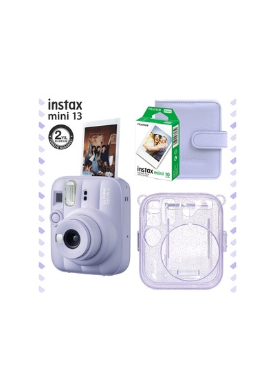 Instax Mini 13 Lila Fotoğraf Makinesi Deri Albüm Pleksi Kılıf Ve 10'lu Film Hediye Seti