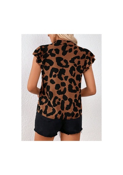 Butik İstanbul Kadın Kısa Fırfır Kollu V Yakalı Leopar Desenli Süprem Bluz Kahve